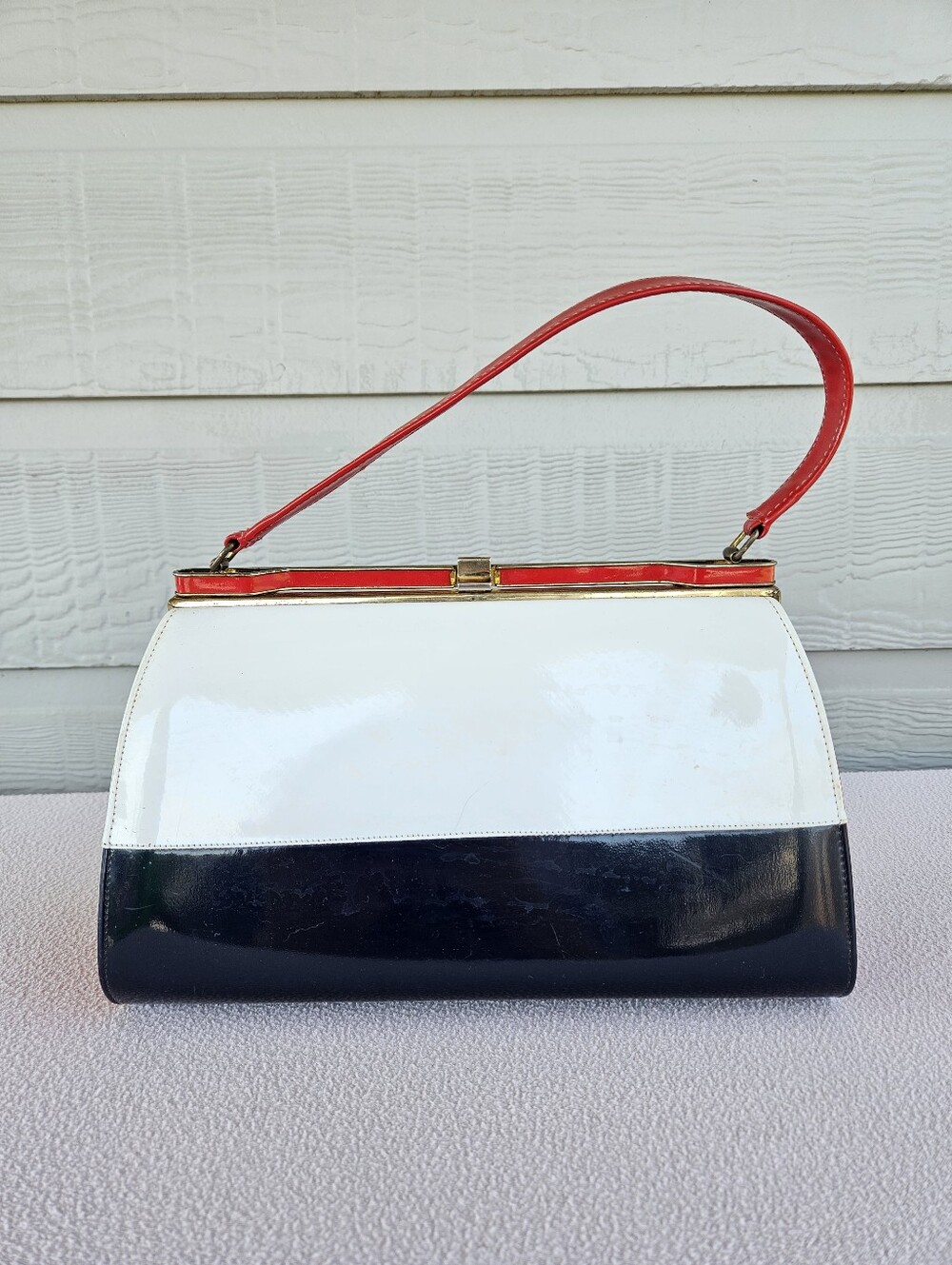 VTG Naturalizer Handbag Purse Top Handle Red White Blue Patriotic Plastic